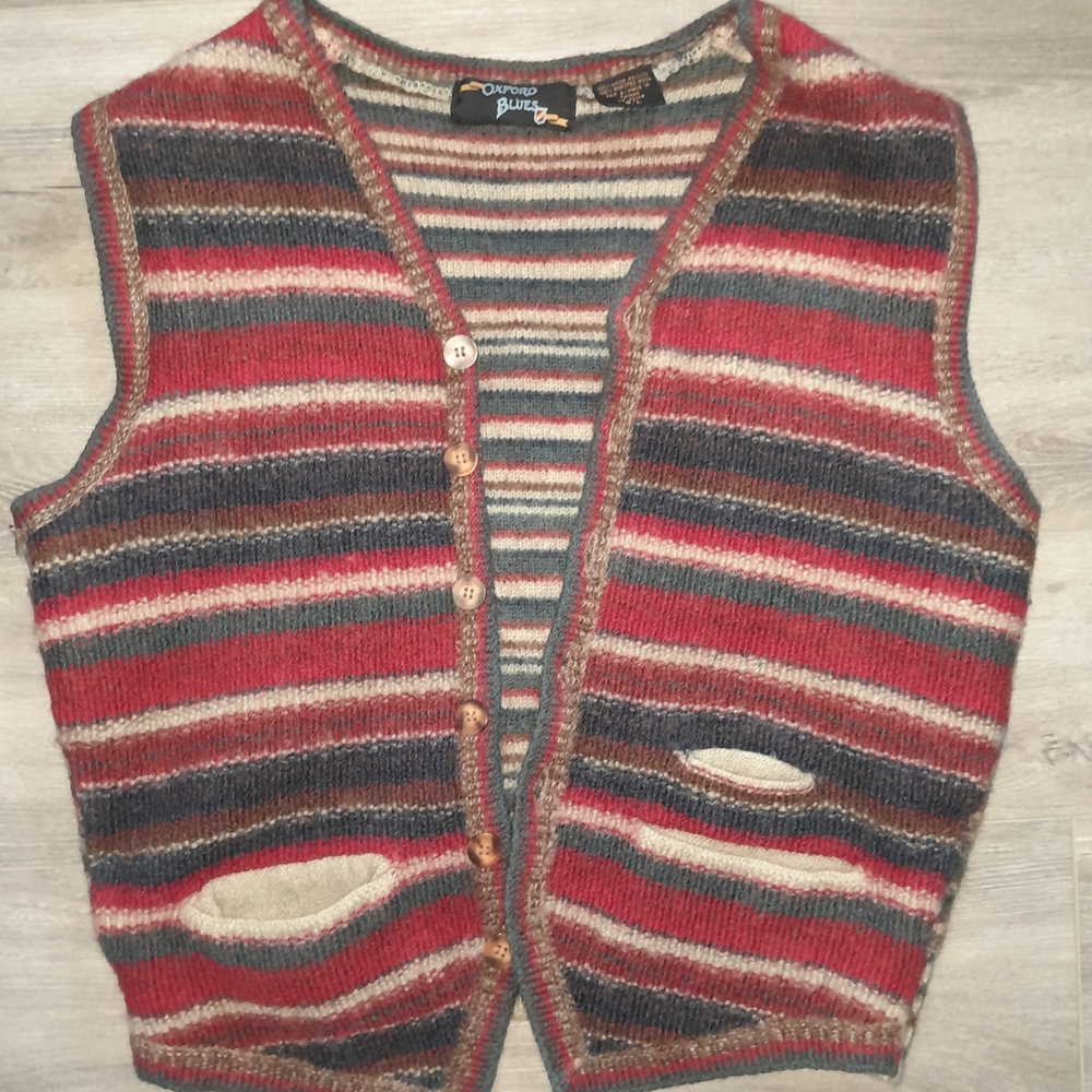 Striped Cardigan Vest - Red and Brown